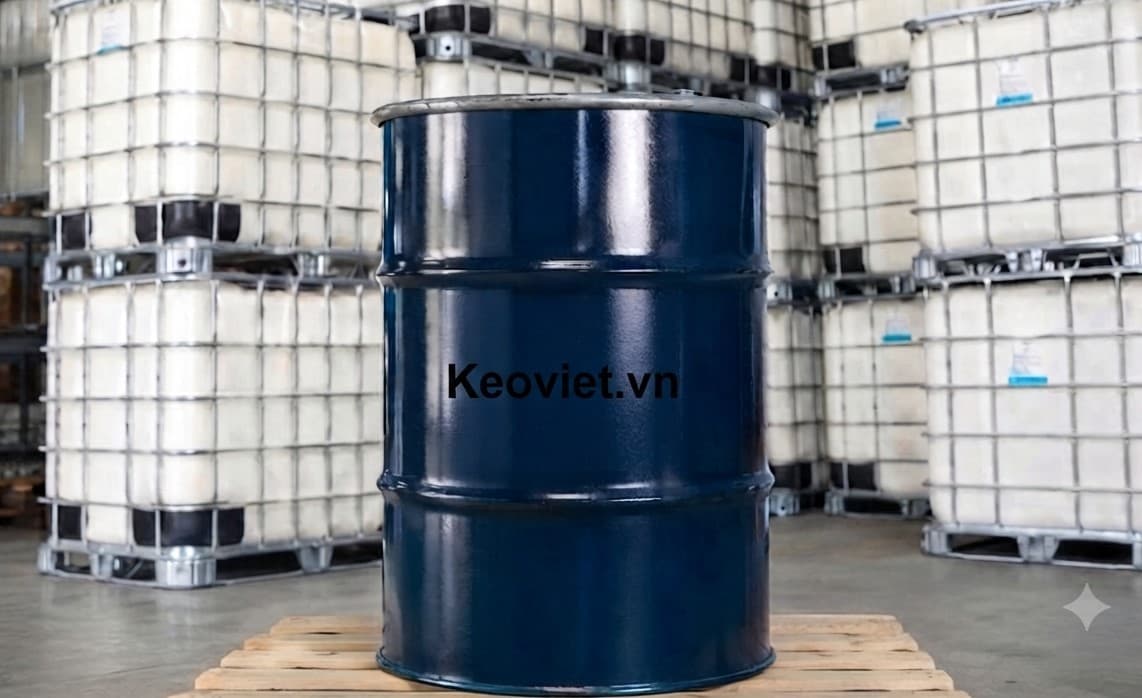 Thùng phuy và bồn IBC chứa keo công nghiệp xếp cạnh nhau trong kho