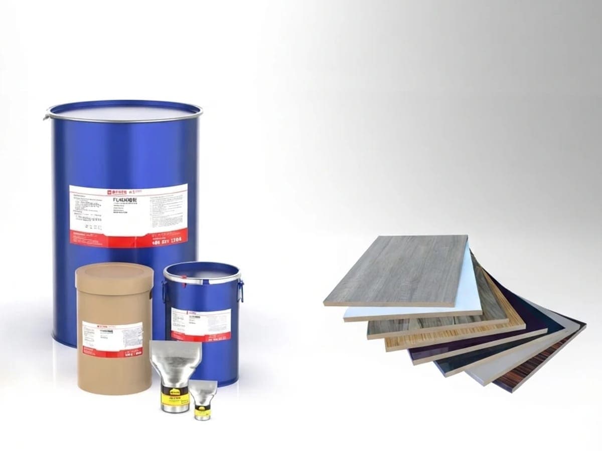 Thùng phuy, thùng giấy và gói keo dán gỗ bên cạnh xấp mẫu ván gỗ công nghiệp phủ bề mặt