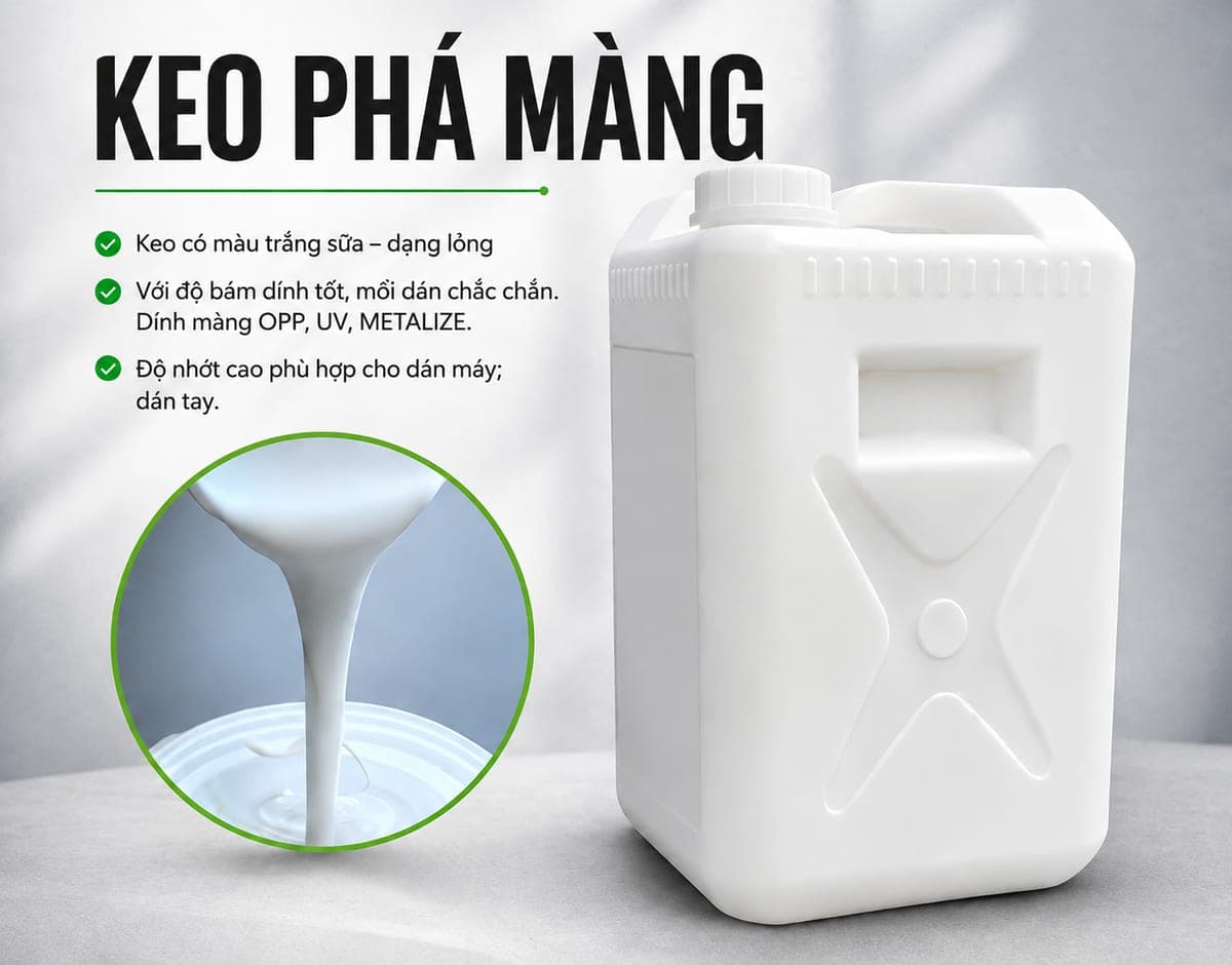 Can keo phá màng gốc nước 20 lít, keo trắng sữa dán bề mặt OPP, UV, metalize