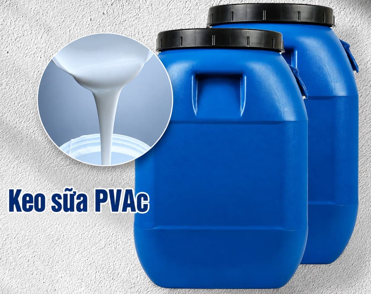 Hai can nhựa keo sữa PVAc và ảnh cận keo sữa đang rót ra thùng, minh hoạ dạng nhũ tương trắng đục